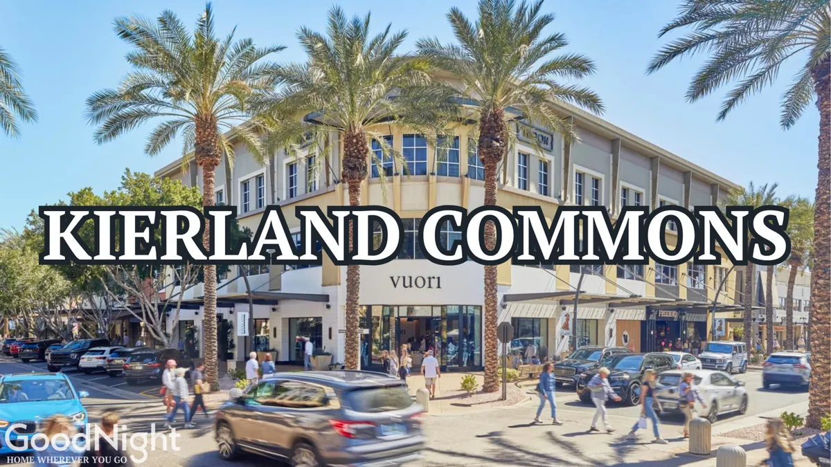 A vibrant shopping district lined with palm trees and bustling with people walking, shopping, and dining. Storefronts and vehicles create an energetic, modern scene, embodying the lively atmosphere of areas like Scottsdale Quarter and Kierland Commons.
