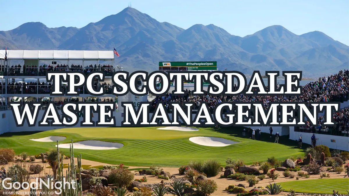 A vibrant golf course scene featuring spectator stands, a large digital screen, bright green grass, and a mountainous backdrop. The atmosphere is lively, evoking the thrill of championship tournaments and social gatherings.
